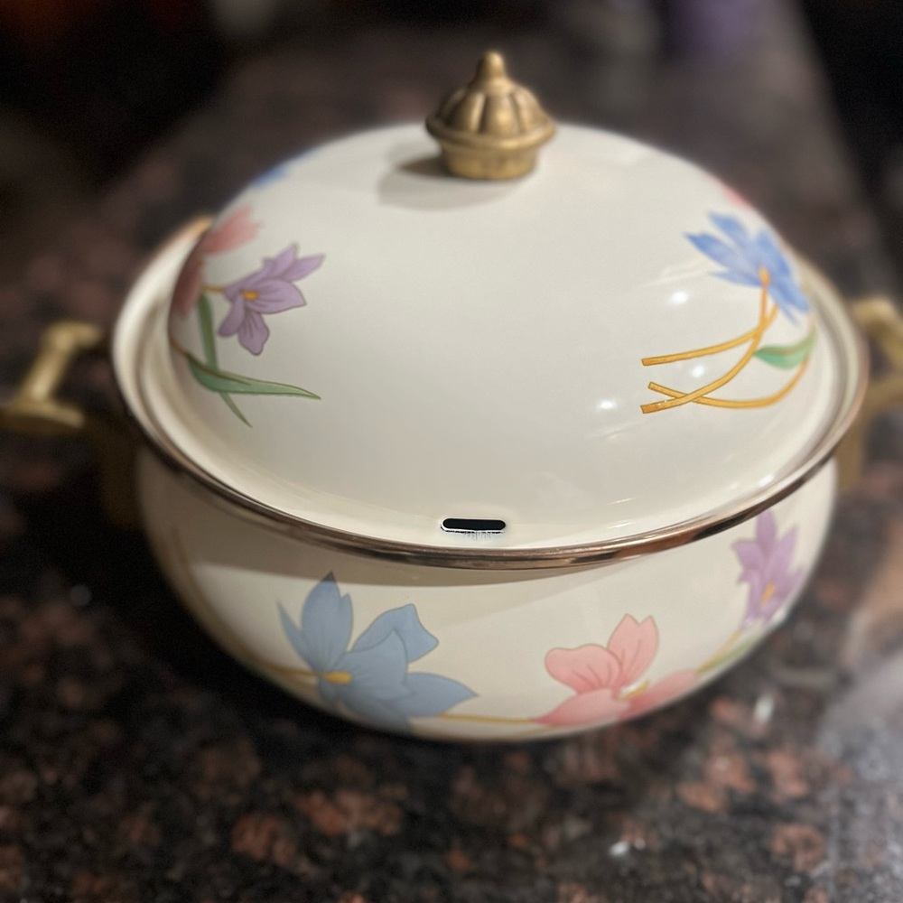 Floral Enamel Pot with Lid Brass Handles